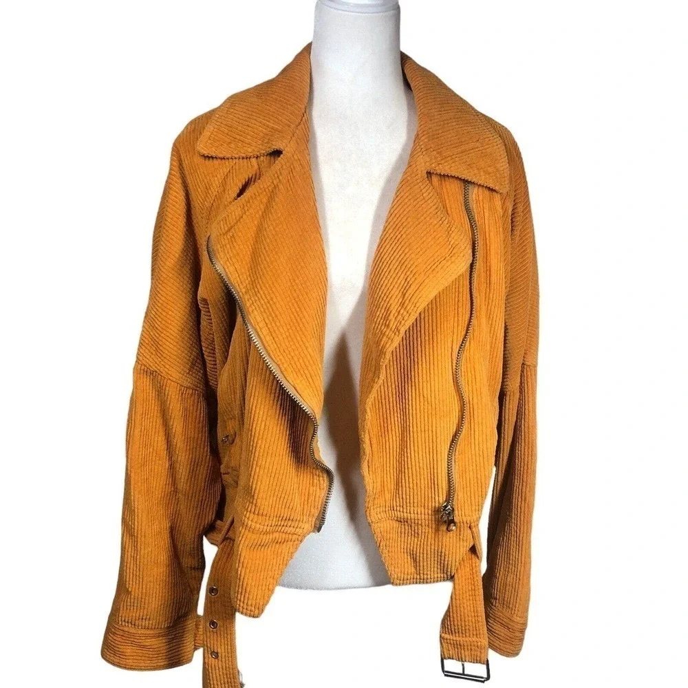 Free People Jacket‎ Womens M Orange Slouchy Dolman Moto Corduroy Lagenlook Y2K